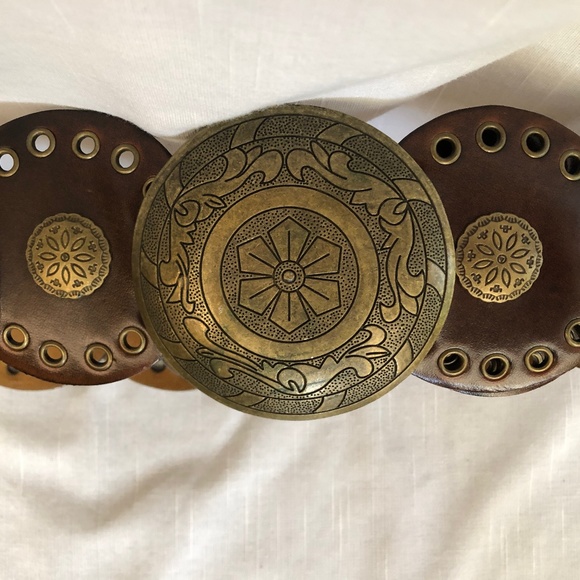 Bohemian Leather Belt with Decorative Round Brass Buckle